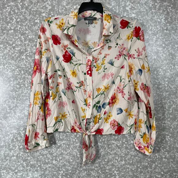 Primark Women's Cottagecore White Floral Button Up Top - Size 14 - Tie Front - Picture 1 of 6